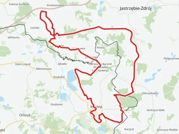 Mapa z zaznaczonymi trasami rowerowymi Małopolska, prowadzącymi przez malownicze tereny z licznymi miejscowościami.