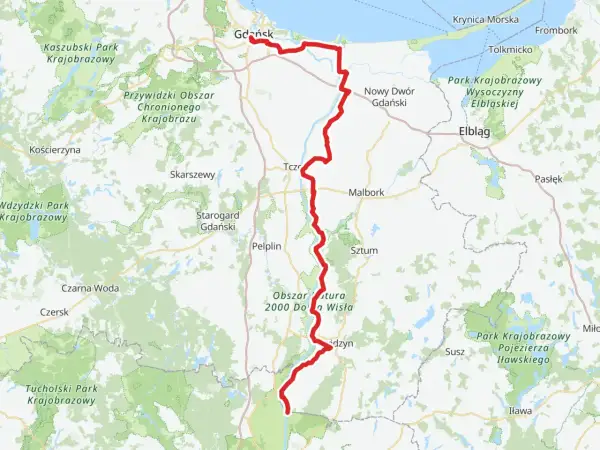Mapa przedstawia trasę rowerową R10 od Gdańska przez Malbork i okolice Dolnej Wisły, aż po Pojezierze Iławskie.