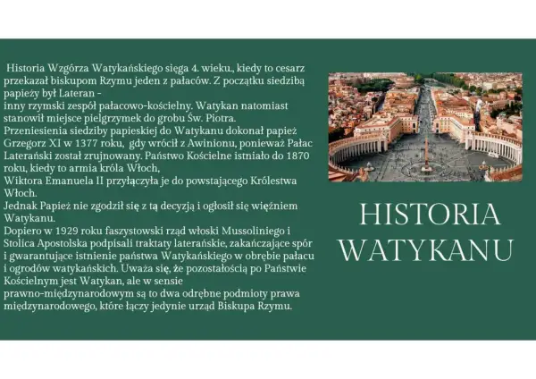 Widok z lotu ptaka na Plac Świętego Piotra i Bazylikę. Tekst opisuje ciekawostki o Watykanie, jego historię i powstanie państwa.