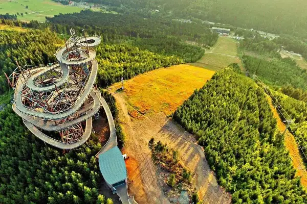 Drewniany sky bridge w Czechach wije się wśród zielonych lasów, oferując widok na złote pola i góry.