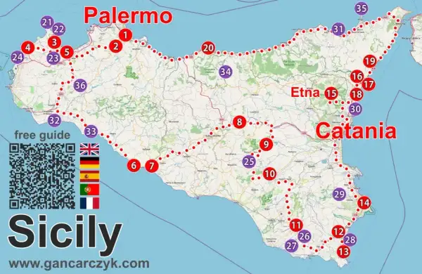 Mapa Sycylii z zaznaczonymi trasami i atrakcjami. Widać Palermo, Katanię, Etnę i wiele innych punktów.
