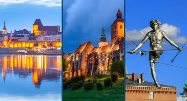 Kujawy atrakcje: Toruń nocą, zamek w Golubiu-Dobrzyniu i rzeźba na linie.